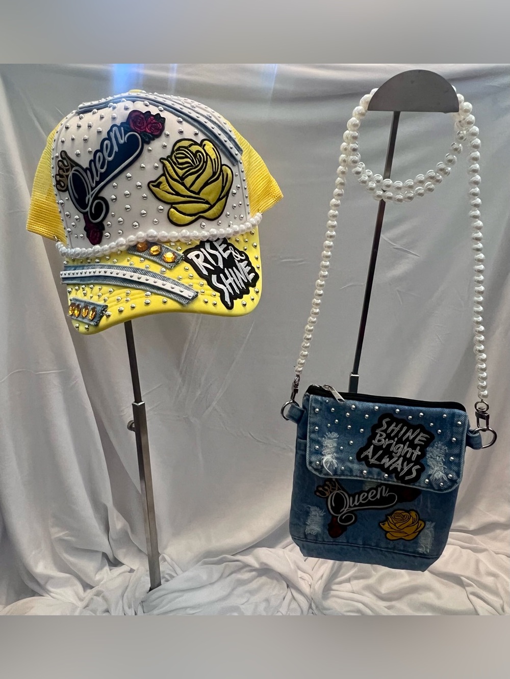 Custom made Yellow Embellished 'Queen' Cap & Blue Denim Crossbody Set
